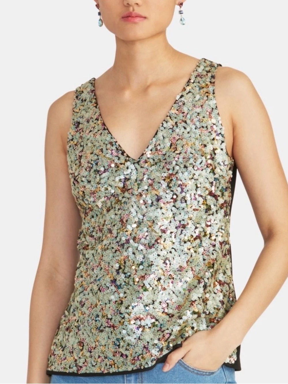 Rachel Roy Sequin Double V-Neck Tank Top Size 1X Party Cocktail Evening